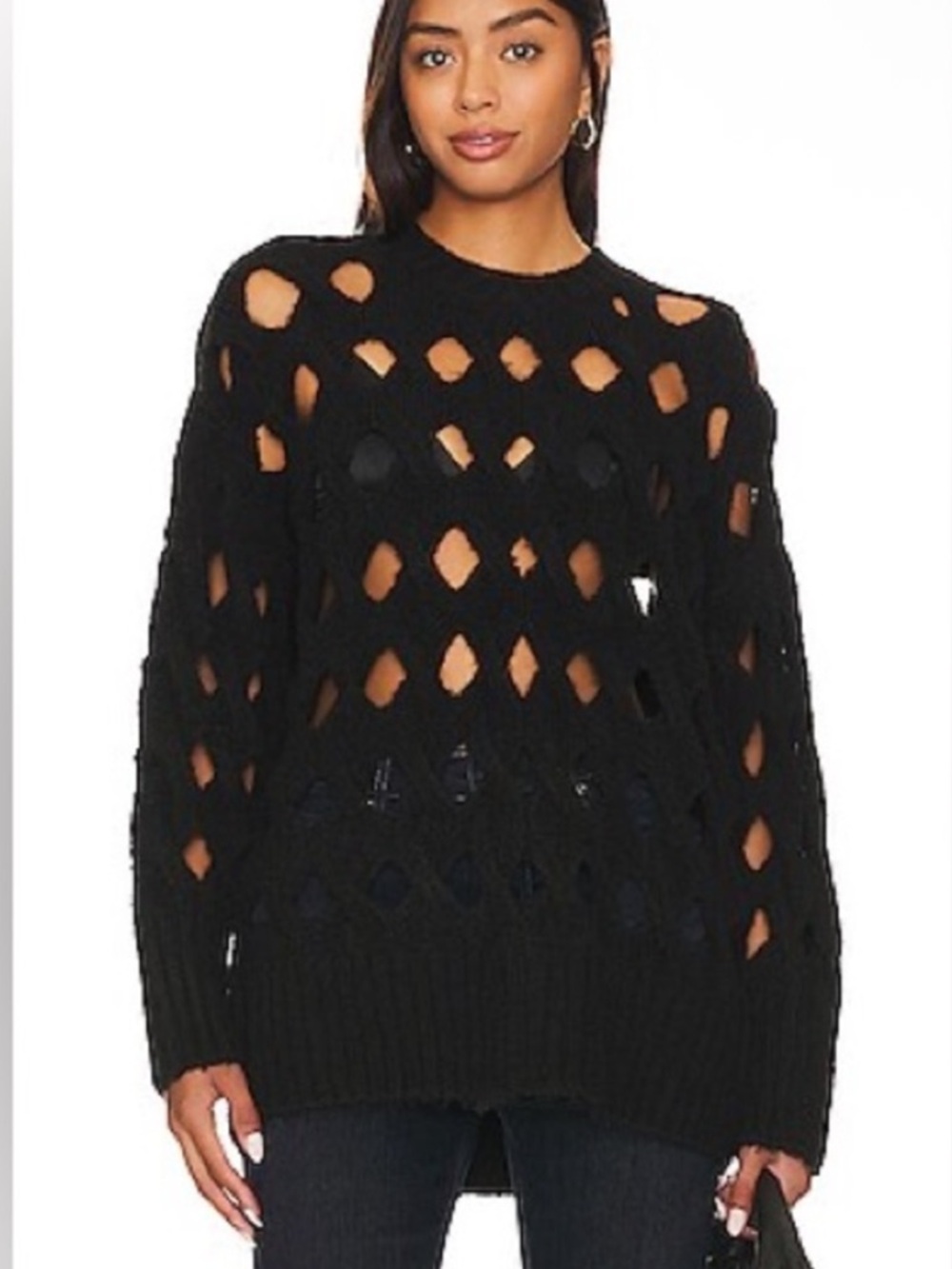 Pistola Darya Open Knit Pullover Black Crew Neck Oversized Sweater Small NEW